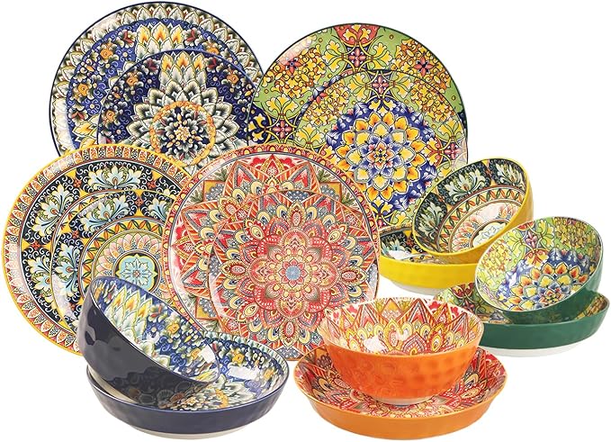 Mandala Dinnerware Sets (16 PCS) Serves for 4, Porcelain Dishes Set, Microwave and Dishwasher Safe, Scratch Resistant, Bohemian Style Dining Ware Service for 4, Colorful No.3