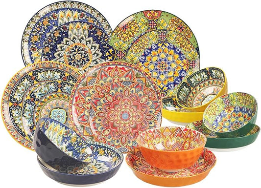 Mandala Dinnerware Sets (16 PCS) Serves for 4, Porcelain Dishes Set, Microwave and Dishwasher Safe, Scratch Resistant, Bohemian Style Dining Ware Service for 4, Colorful No.3