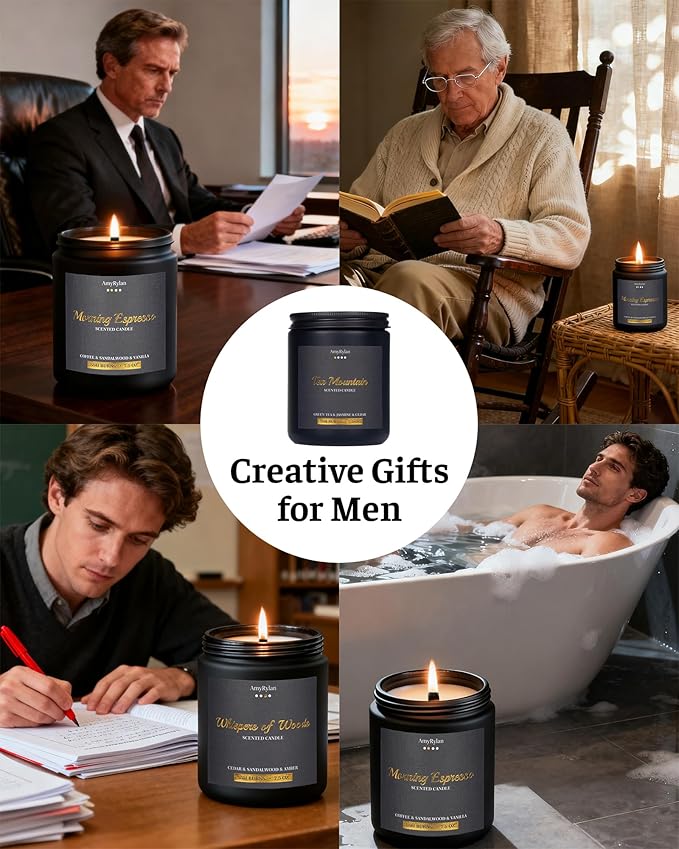 Scented Candle for Home, Wooden Wick Candle for Men, Masculine Candle 30oz Soy Wax, 220 Hours of Burn Time, Aromatherapy Gift for Boyfriend, Husband, Dad, Brother, Boss, A Thoughtful Gift, Pack of 4