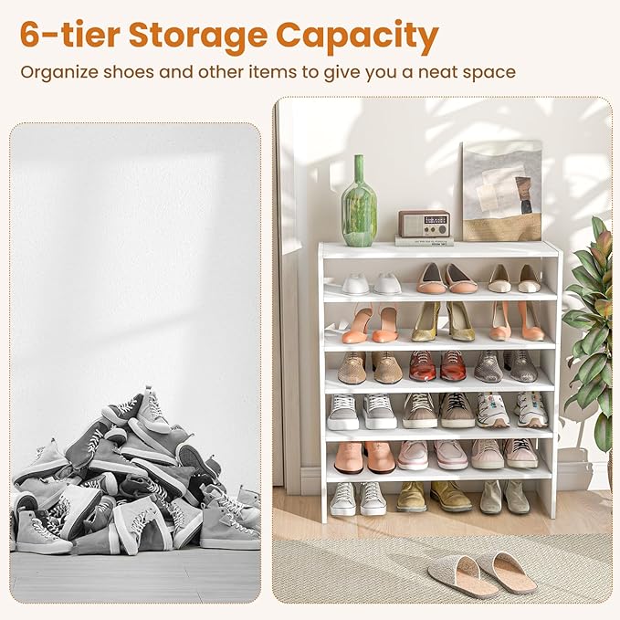 SIMOE 3-in-1 Adjustable Vertical Shoe Rack, 6-Tier Stackable Wooden Corner Storage Shelf for 18 Pairs, Space-Saving Organizer for Front Door Entryway, White