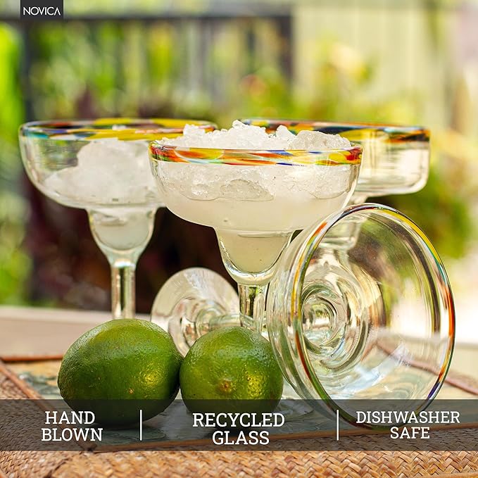 NOVICA Artisan Handmade Blown Glass Margarita Clear Multicolor Mexico Tableware Drinkware 'Confetti Path' (set of 6)