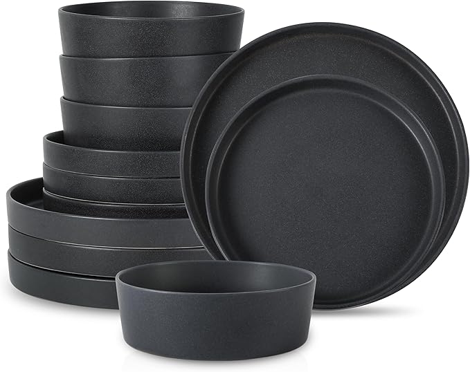 Stone by Mercer Project MODAN 12-Piece Stoneware Dinnerware Set, Plates and Bowls Sets, Dish Set for 4, Charcoal