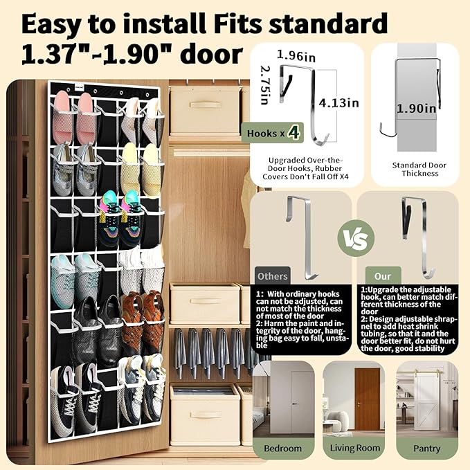 PAULONE Over the Door Shoe Organizer, 30 Multi-Size Large Breathable Mesh Pockets, Reusable Breathable Large Mesh Pockets, Boys' and Girls' Shoe Organizer, Space Saving Hanging Organizer (Black)