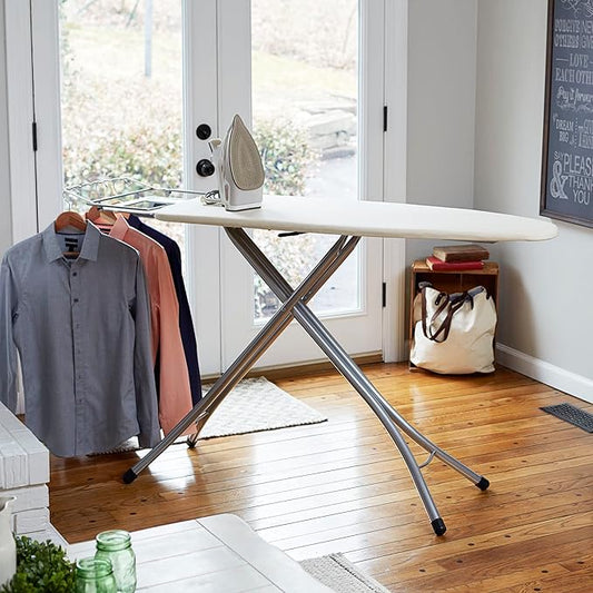 Household Essentials Wide Mega Ironing Board 4-Leg, Steel Top Pressing Station, Heat-Resistant Fiber Pad and Cotton Cover, Includes Sleeve Board and Iron Rest with Hanger Bar, Silver Frame