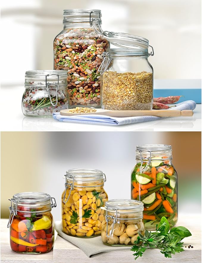 Bormioli Rocco Fido 3-Piece Set Food Storage - Pasta and Cookie Jars - Hermetically Sealed - Retains Freshness - Organizing small (17), medium(33), and large(50) Jars, clear (149740S06021990)