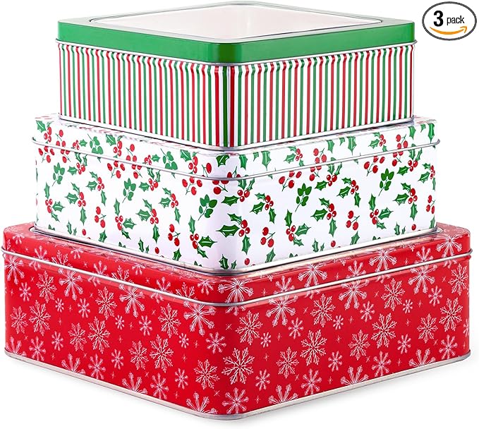 Steel Mill & Co Square Tin Containers with Lids, 3 Pack Christmas Cookie Tins, Festive Cookie Tins for Gift Giving & Holiday Treats, Metal Box Nesting Containers, Large Medium Small, Snowflake