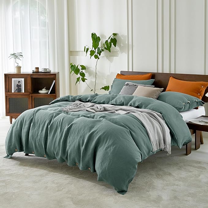 EVERLY 100% Pure Linen Duvet Cover Set Queen Size90X90Inch 3pcs (1 Duvet Cover,2 Pillowcases) Soft and Breathable for All Season with Coconut Button Closure, Suitable for Hot Sleepers-Aqua-Queen