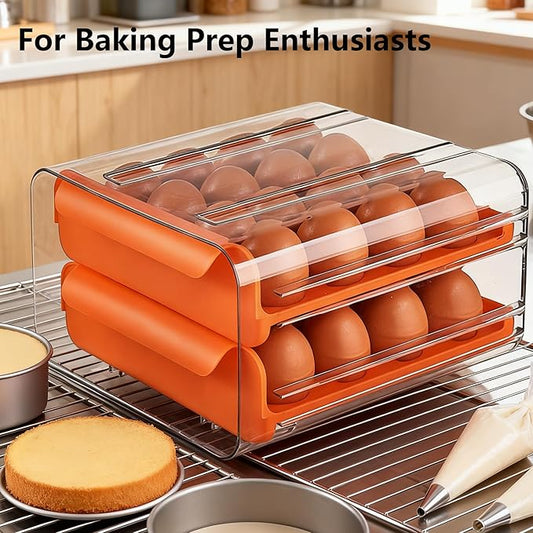 Egg Drawer for Refrigerator 32 Eggs, 2 Tier Clear Stackable Egg Holder with Drawer for Fridge, Drawer Type Egg Storage Box, Egg Tray Countertop (Orange)