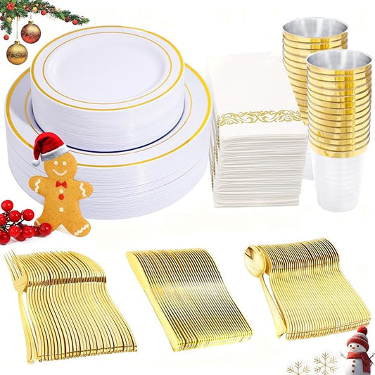 350 Pieces White and Gold Plastic Plates - 50 Guest Dinnerware Set Include 100 Plates, 50 Gold Plastic Silverware, 50 Paper Napkins and 50 Cups for Christmas Party,Wedding