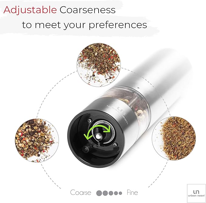Electric Salt and Pepper Grinder - Single Battery Operated Stainless Steel Salt or Pepper Mill with Light - Automatic One Handed Operation with Adjustable Ceramic Grinder