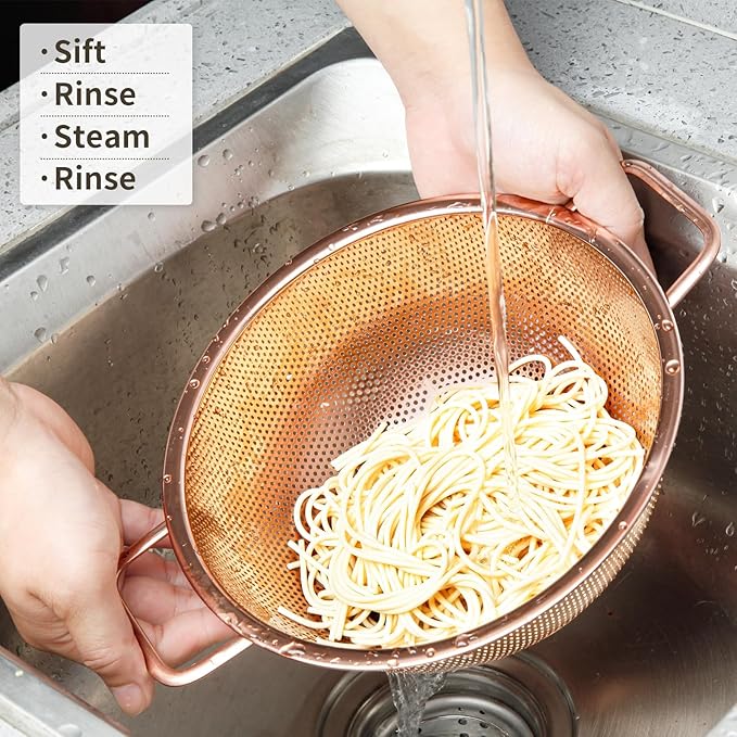 Colander 3-Quart with Handle, Food Metal Strainer for Kitchen Sink, Pasta Pot for Noodles Vegetables and Fruits, Stainless Steel, Rose Gold