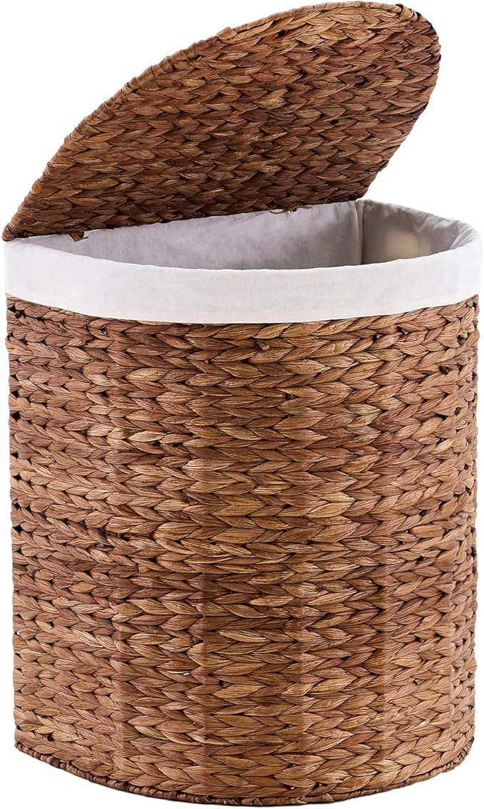 Water Hyacinth Laundry Hamper with lid, Half Moon Shape with 2 Removable Cloth Bags, Handwoven Boho Wicker Basket for Laundry Organization, Espresso