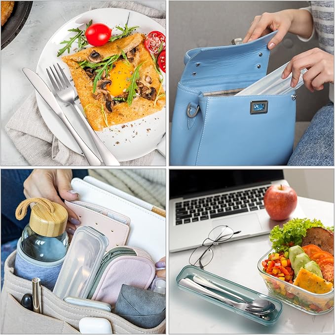 Yinkin 4 Pack Portable Travel Utensils Set with Case Reusable Stainless Steel Silverware Flatware Camping Cutlery Include Fork Spoon Knife for Work School Dishwasher Safe(White, Green, Red, Black)