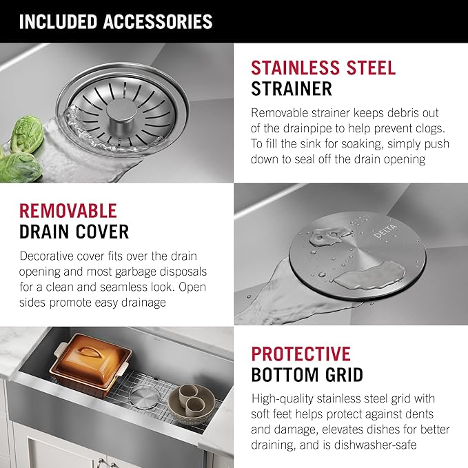 DELTA FAUCET Rivet 33-inch Workstation Farmhouse Apron Front Kitchen Sink Undermount 16 Gauge Stainless Steel Single Bowl with WorkFlow Ledge and Kit of 5 Accessories, 95C9031-33S-SS