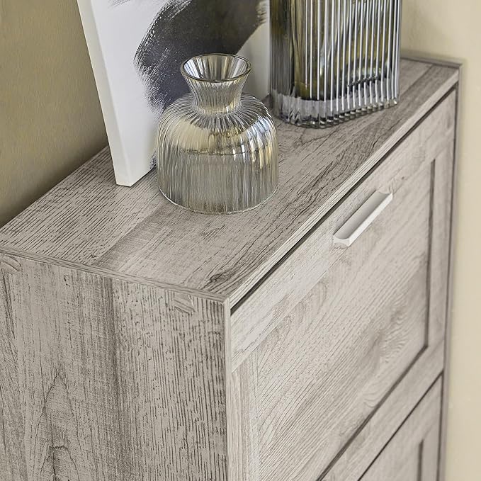 Shoe Cabinet for Entryway, 2-Tier Flip Drawer Shoe Storage Cabinet with Dividers, Shoe Organizer for Small Spaces, Narrow Shoe Rack, Slim Shoe Rack Freestanding, Grey, HUS-FSR137