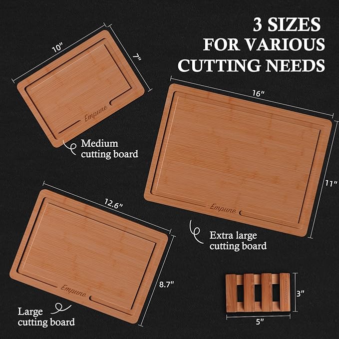 Empune Bamboo Cutting Board Set, Wood Cutting Boards for Kitchen with Holder Wooden Chopping Board for Meal Prep & Serving, Brown