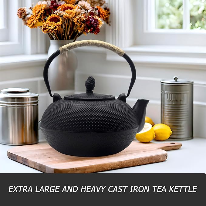 YJX 101 fl oz Extra Large and Heavy Cast Iron Teapot for Stovetop Safe, Black Tea Kettle with Stainless Steel Tea Balls for Loose Tea, Cast Iron Tea Pot for 6 to 10 People, 3000ml Japanese Tetsubin