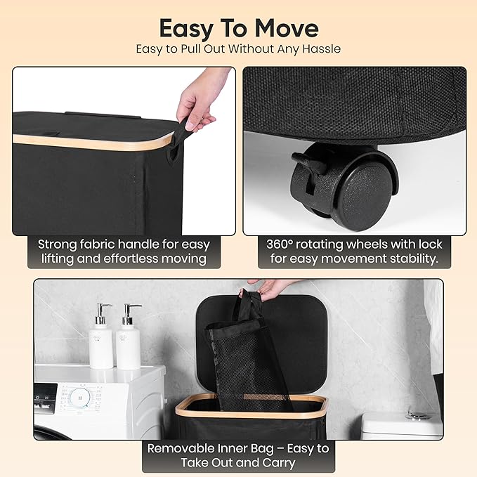 Laundry Hamper with Wheels and Lid | 26 Gal (100L) laundry hamper with lid bamboo| Large Dirty clothes hamper | Bedroom hamper | clothes hamper-black