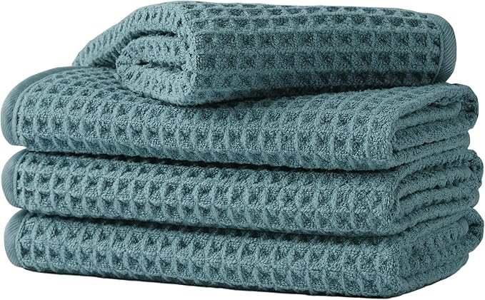 Microfiber Waffle Face Towels, 4 Pieces, Soft, Absorbent, Fast Drying, Lint Free (Green)