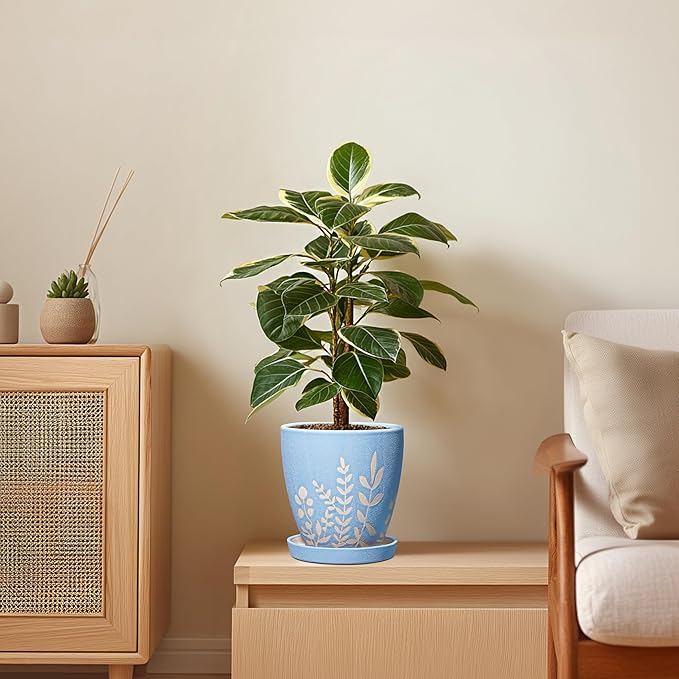 6 Inch Ceramic Plant Pot with Saucer - Small Flower Pot with Drainage for Succulents & Herbs, Boho Desk Home Office Room Decor, Plant Lovers Gifts, Blue