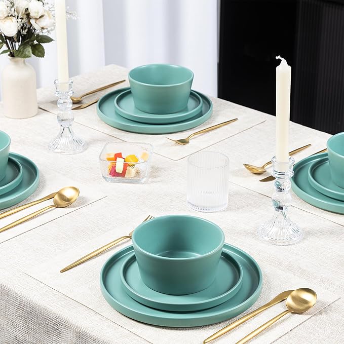 Dinnerware Sets for 4 - CJDC-QUELO 12-Piece Stoneware Plates and Bowls Sets, Ceramic Dishware Sets for Kitchen Use and Formal Dining, Chip and Scratch Resistant Microwave Dishwasher Safe, Green