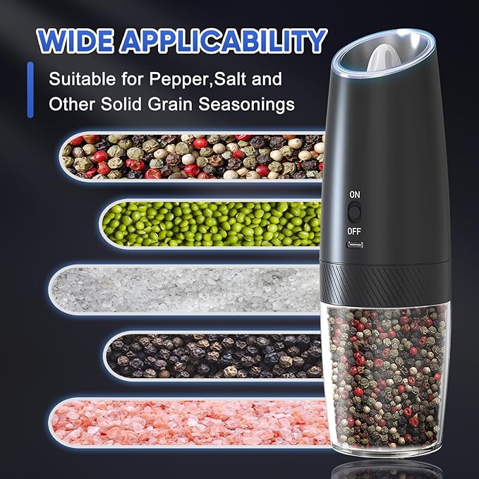 RECHARGEABLE - Gravity Electric Pepper and Salt Grinder Set, Adjustable Coarseness, With LED Light, One Hand Automatic Operation, 2 Pack-Black