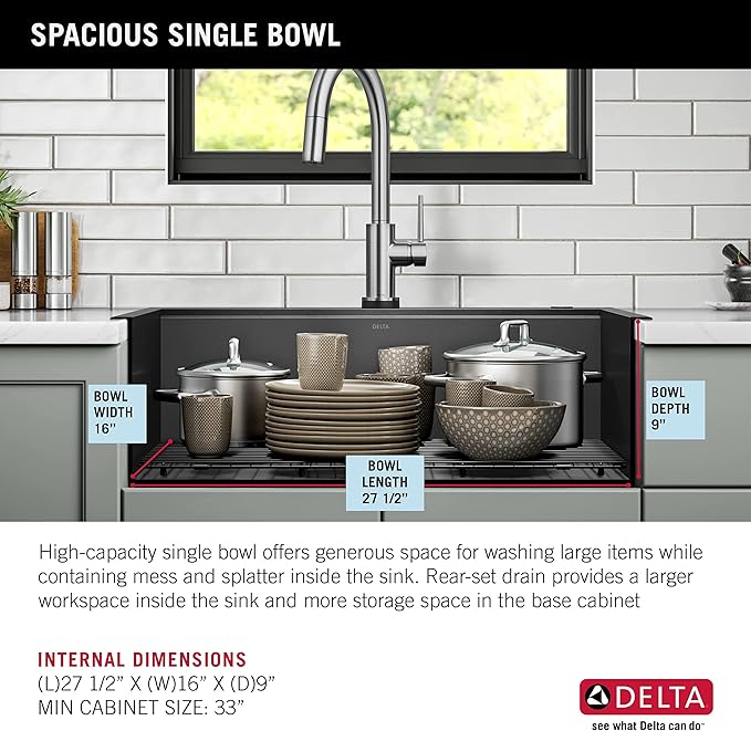DELTA FAUCET Delta Rivet 30 Inch Black Stainless Steel Drop-In Top Mount 16 Gauge Workstation Kitchen Sink Single Bowl in PVD Gunmetal Finish with WorkFlow Ledge and Accessories, 95A9031-T30S-GS