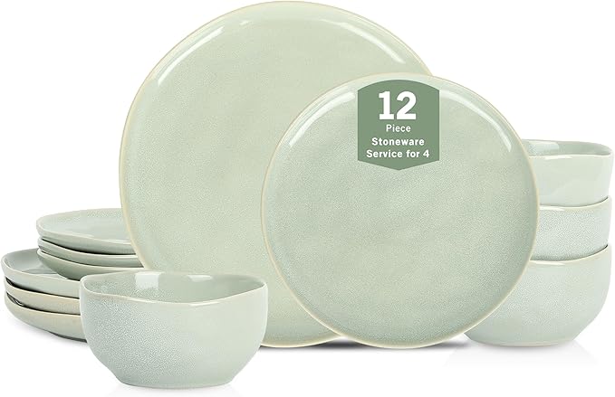 Stone Lain Mirella 12-Piece Stoneware Dinnerware Set, Service for 4 – Reactive Glaze, Light Green – Includes Dinner Plates, Salad Plates, and Bowls – Organic Modern Design