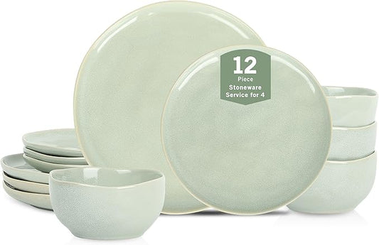 Stone Lain Mirella 12-Piece Stoneware Dinnerware Set, Service for 4 – Reactive Glaze, Light Green – Includes Dinner Plates, Salad Plates, and Bowls – Organic Modern Design