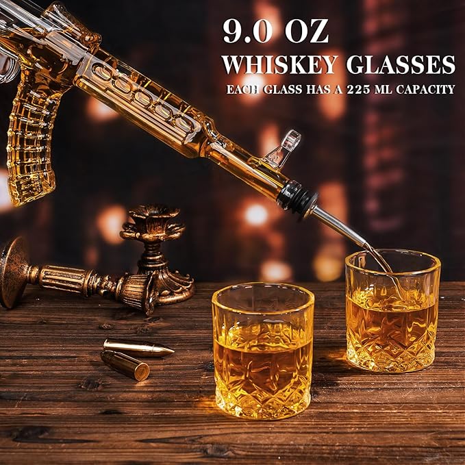 Whiskey Decanter AK47 Set with 2 Whiskey Glasses, Gifts for Men Dad Stocking Stuffers, Unique Christmas Anniversary Birthday Gift for Him Husband, Cool Presents liquor dispenser for Home Bar