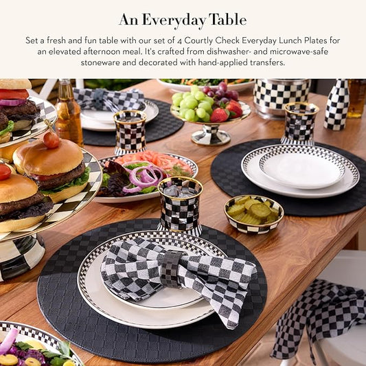 MACKENZIE-CHILDS Set of 4 Everyday Lunch Plates, Microwave-Safe and Dishwasher-Safe Stoneware Plates, Black-and-White Courtly Check