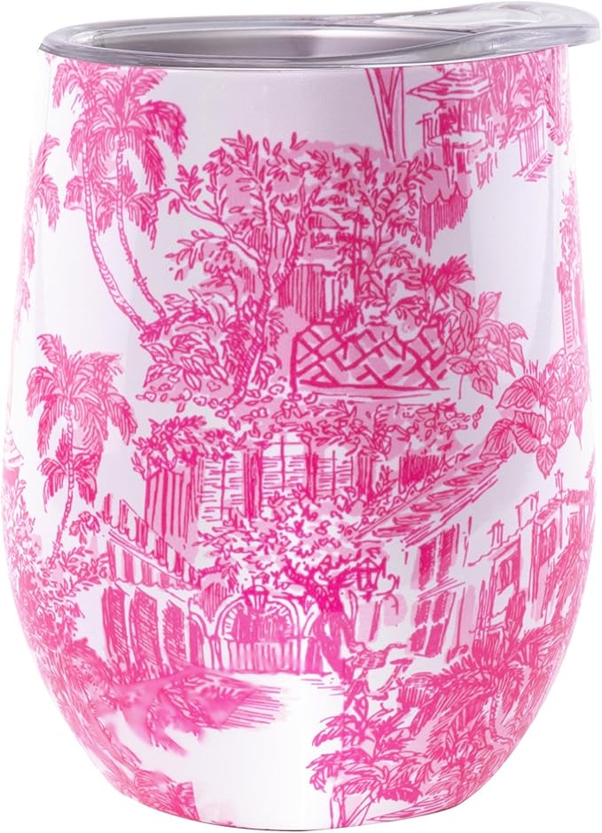 Lilly Pulitzer 12 Oz Insulated Tumbler with Lid, Yellow/Green Stainless Steel Travel Wine Glass, Double Wall Metal Cup (Palm Beach Toile)