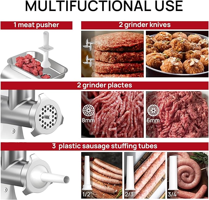 Commercial Electric Meat Grinder #8, 0.5HP Heavy Duty Industrial Stainless Steel Meat Mincer, Sausage Stuffer with 2 Blades, 2 Plates & 3 Sausage Tubes, Meat Grinder Machine for Kitchen,Restaurant