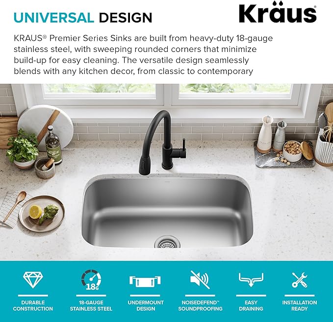 KRAUS Premier 31 1/2-inch Undermount Single Bowl 18-Gauge Stainless Steel Kitchen Sink with WasteGuard Continuous Feed Garbage Disposal, KBU14-100-75MB