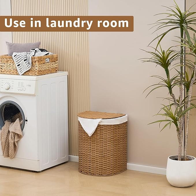 Wicker Half Moon Laundry Basket with Lid and 2 Replaceable Liner Bags, Handwoven Rattan Hamper for Dirty Clothes, Rattan, 60L