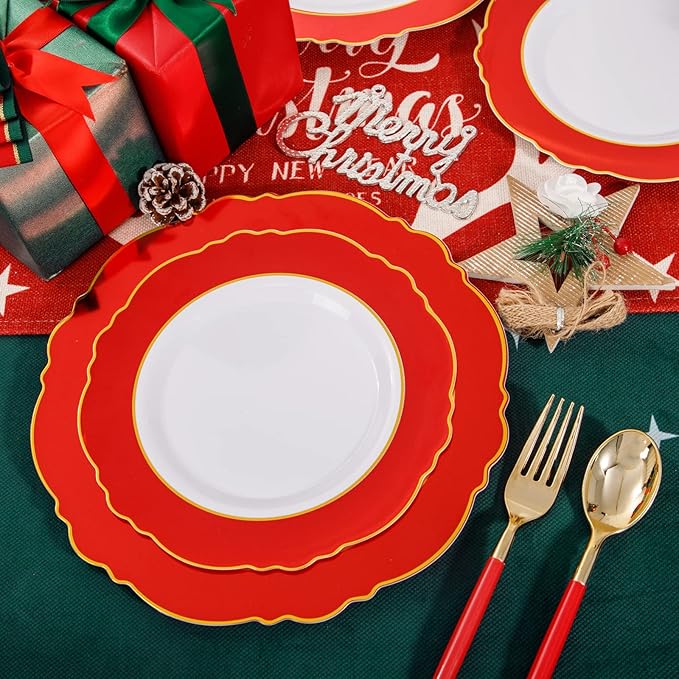 WDF 30Guest Red Christmas Plates - Gold Plastic Silverware With Red Handle - Christmas Plates Disposable- Baroque Plastic Dinnerware for Party