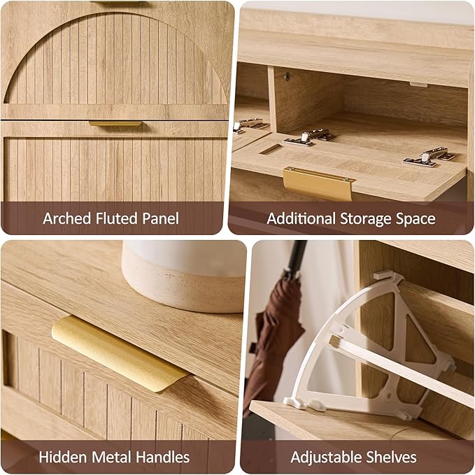 Fluted Shoe Cabinet Storage for Entryway – Narrow Shoe Rack with 2 Flip Drawers & 2 Storage Drawers, Freestanding Hidden Shoe Organizer for Foyer, Hallway (Natural)