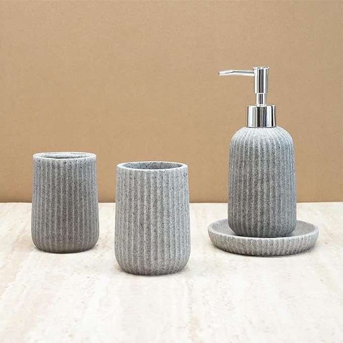 4-Piece Bathroom Accessory Set - Modern Resin & Sandstone Collection - Includes Soap Dispenser 8.5oz, Toothbrush Holder, Tumbler, Soap Dish (Grey)