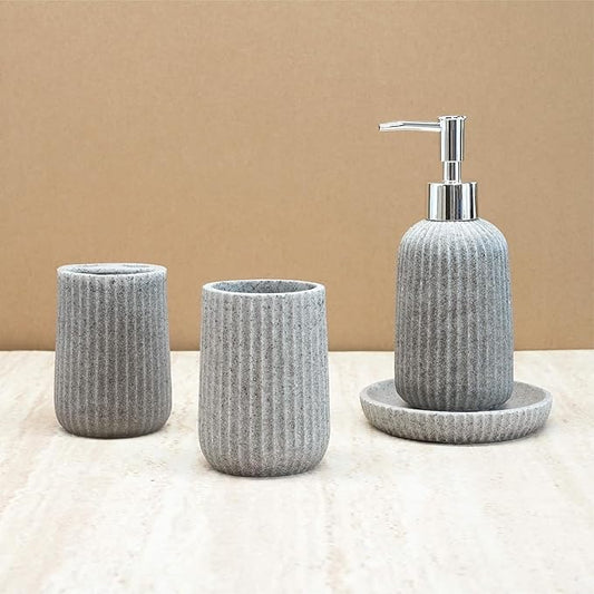 4-Piece Bathroom Accessory Set - Modern Resin & Sandstone Collection - Includes Soap Dispenser 8.5oz, Toothbrush Holder, Tumbler, Soap Dish (Grey)