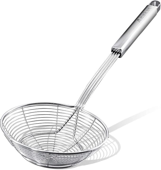 Anaeat Stainless Steel Spider Strainer Skimmer - Solid Kitchen Strainer Ladle with Long Handle for Cooking and Frying, Reinforced Double Coil Slotted Spoons for Pasta, Noodle, Spaghetti (5.5 Inch)