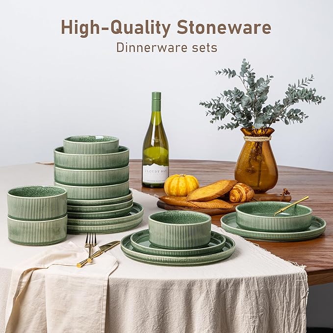 GBHOME Stoneware Dinnerware Sets for 8,Round Reactive Glaze Ceramic Plates and Bowls Set,Highly Scratch Resistant | Dishwasher & Microwave Safe Dishes Set,Service for 8(24Pcs),Dark Green