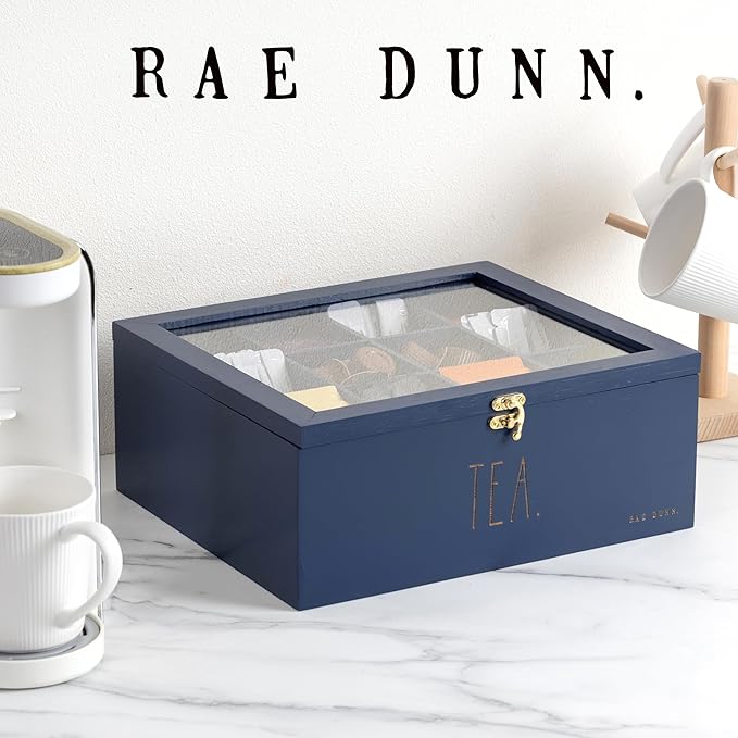Rae Dunn Tea Bag Organizer - Tea Box Divided Storage Container Box with Hinge Lid for Kitchen Cabinet, Countertop, Pantry, Hold Coffee Pods, Seasoning Packets, Condiments, Blue