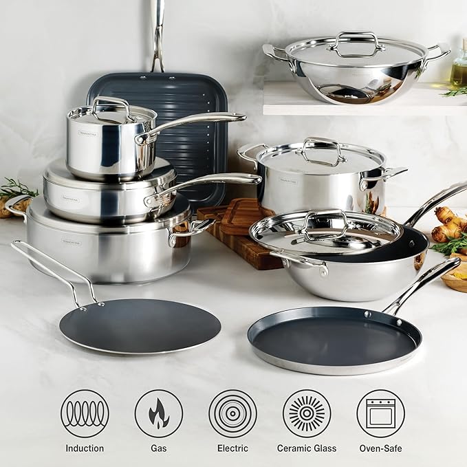 Tramontina Utsava Tri-Ply Clad Stainless Steel 2.75-Quart Kadai with Lid and Ceramic Non Stick Interior, Induction-Ready Kadhai Pot for Indian Cooking