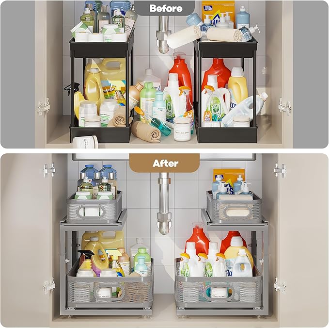1 Pack 15.5IN-Depth Under Sink Organizer With Next-Gen Ball-Bearing Slides,2-Tier Precision Mesh Pull Out Cabinet Storage for Bathroom&Kitchen,Height Adjustable Drawers Shelf,Anti-rust-Grey
