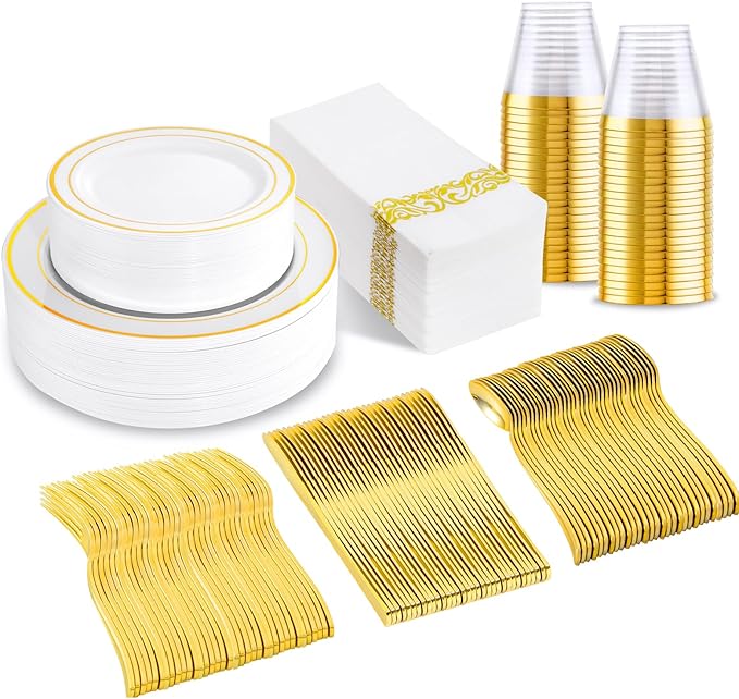 175 Pcs Gold Dinnerware Set, Plastic Plates Disposable for 25 Guests Include:25 Gold Rim Dinner Plates, 25 Dessert Plates, 25 Paper Napkins, 25 Cups, 25 Silverware Set Perfect for Party
