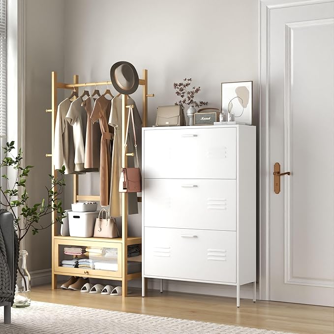 Shoe Storage Cabinet with 3 Flip Drawers, Freestanding Shoe Cabinet Organizer with Metal Frame for Entryway, Hallway, Foyer, White - Space-Saving Slim Design with Anti-Tip Device