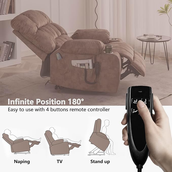 Dual Motor Power Lift Recliner Chair for Big and Tall Elderly Adults Electric Lay Flat Recliner, Stand Up Lift Chairs Recliners with Massage Heat, Cup Holders, Side Pockets, Lumbar Pillow