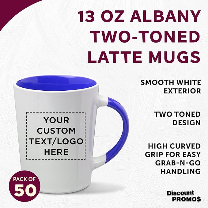 Custom Ceramic Latte Coffee Mugs by Albany 13 oz. Set of 50, Personalized Bulk Pack - Perfect for Coffee, Tea, Espresso, Hot Cocoa, Other Beverages - Cobalt Blue