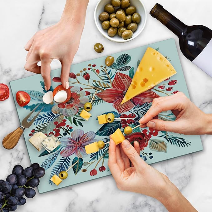 Ambesonne Christmas Cutting Board, Vintage Xmas Wreth Ornate Arrange with Poinsettia Flowers and Berries, Decorative Tempered Glass Cutting and Serving Board, Large Size, Dark Coral Petrol Blue