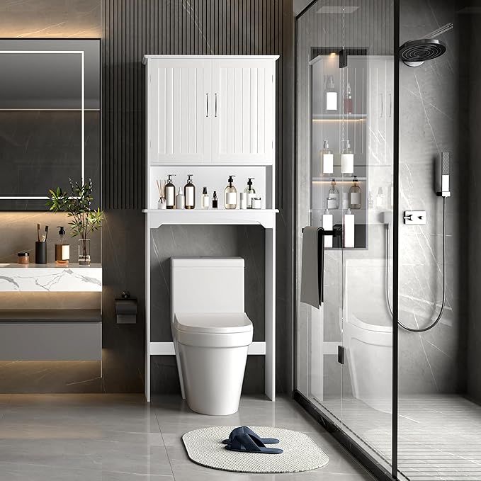 Yaheetech Over The Toilet Cabinet, Double Door Bathroom Storage Organizer, Toilet Rack with Inner Adjustable Shelf and Open Storage Shelf, White